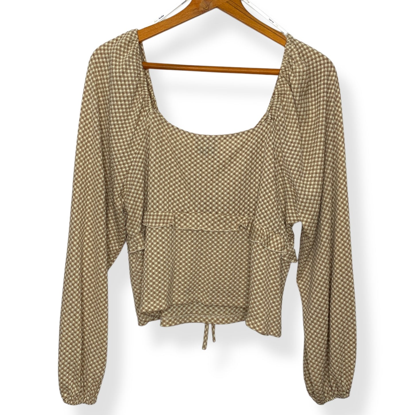 Arula tan gingham print long sleeve cropped top SZ 1X