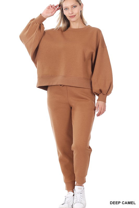 Balloon Sleeve Sweatshirt & Sweatpants Set (S-XL)
