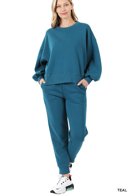 Balloon Sleeve Sweatshirt & Sweatpants Set (S-XL)