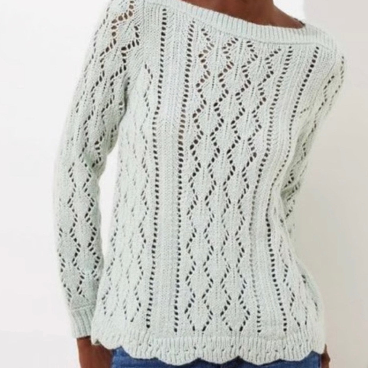 LOFT pastel green crochet knit scalloped sweater SZ XL