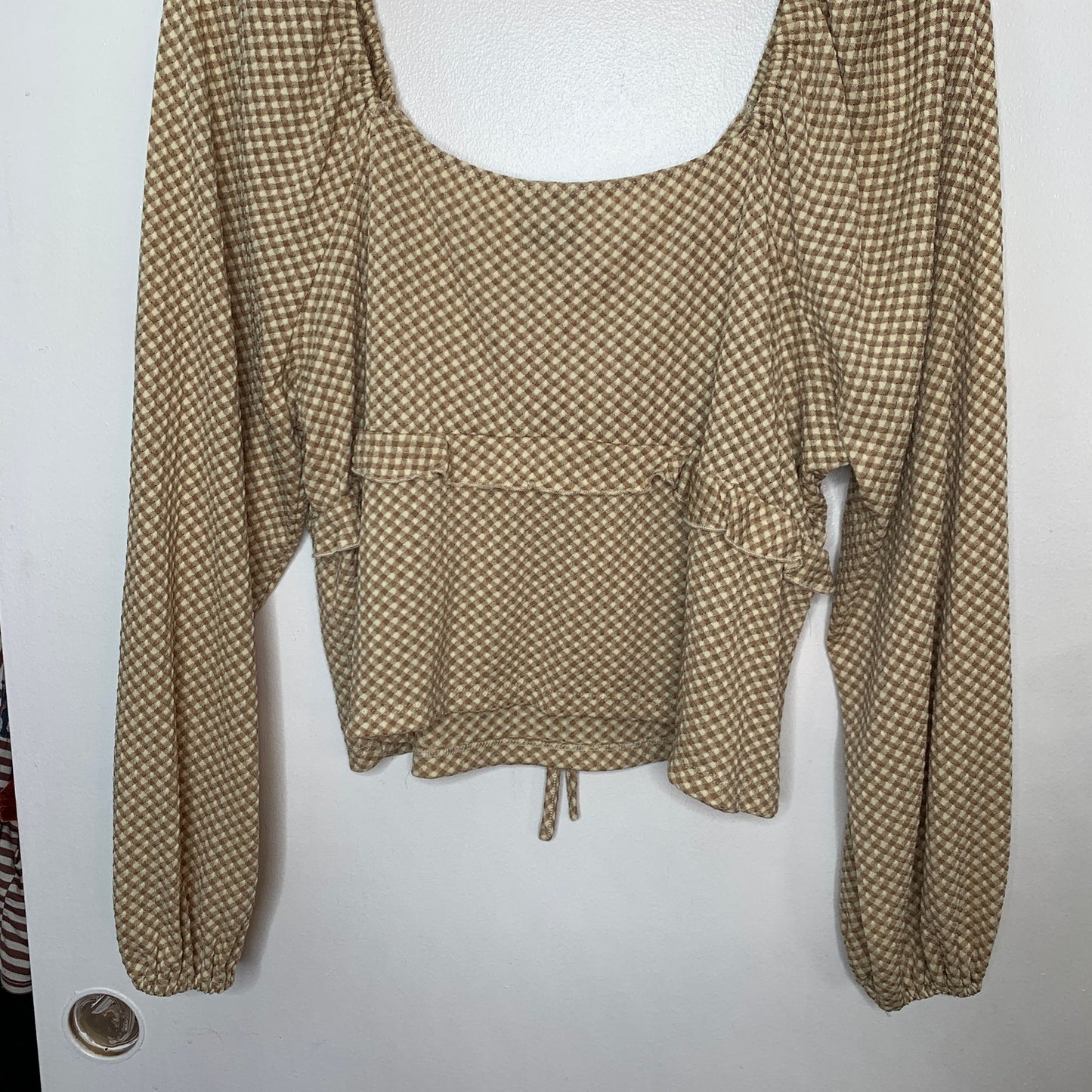 Arula tan gingham print long sleeve cropped top SZ 1X