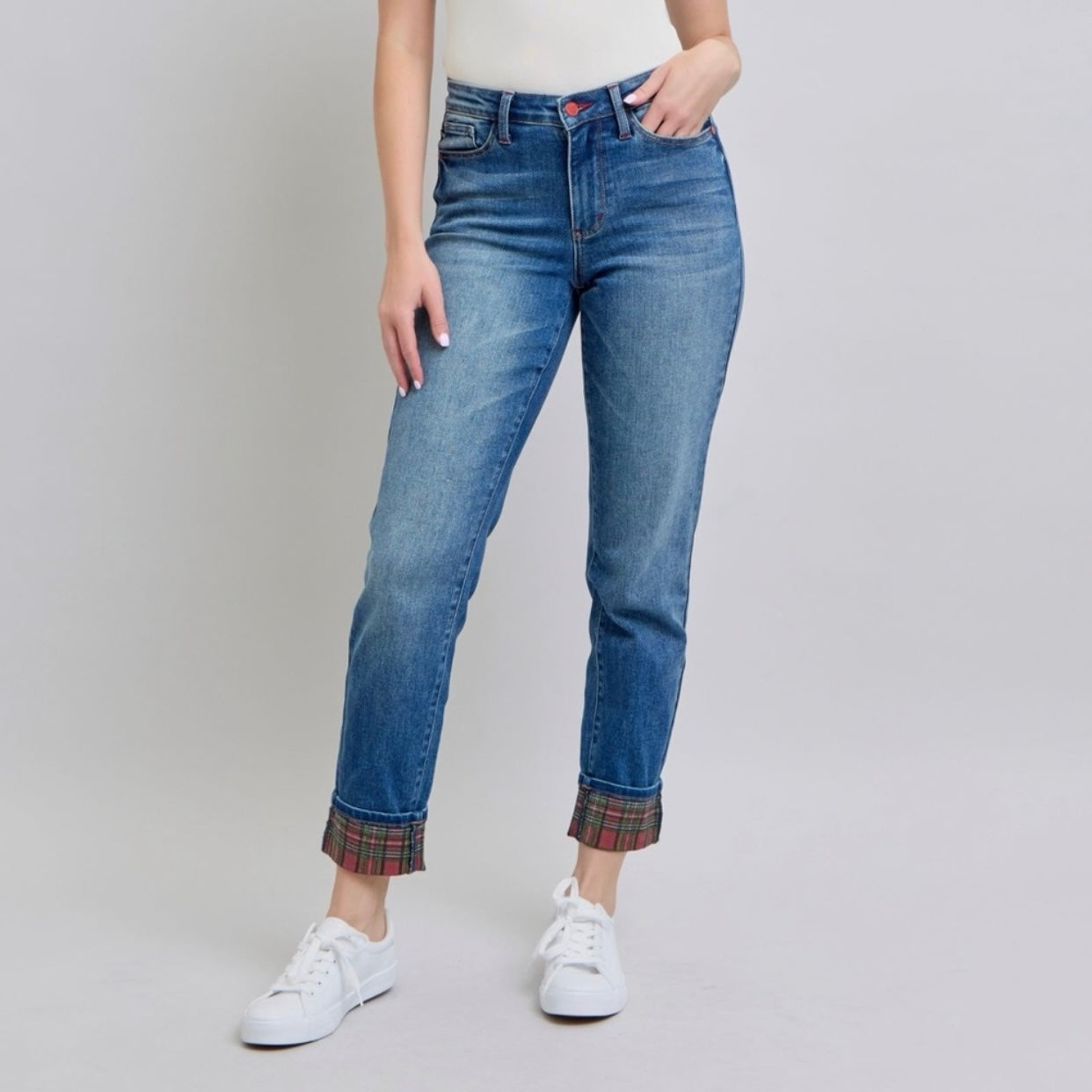 Judy Blue Daydream Believer Plaid Cuffed Boyfriend Jeans (0-24W)