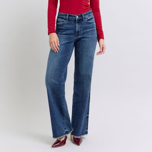 Judy Blue Miss Wheeler Raw Hem Wide Leg Jeans (0-24W)