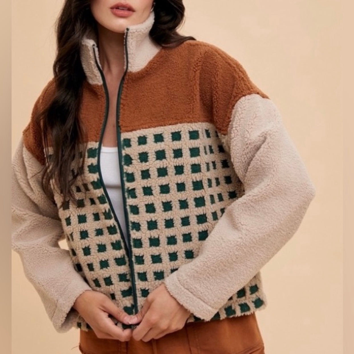 ANNIEWEAR Tarzana Plaid Sherpa Fleece Jacket (S-XL)