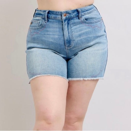 Judy Blue Kansas Anymore Western Embroidered Denim Shorts (S-3X)