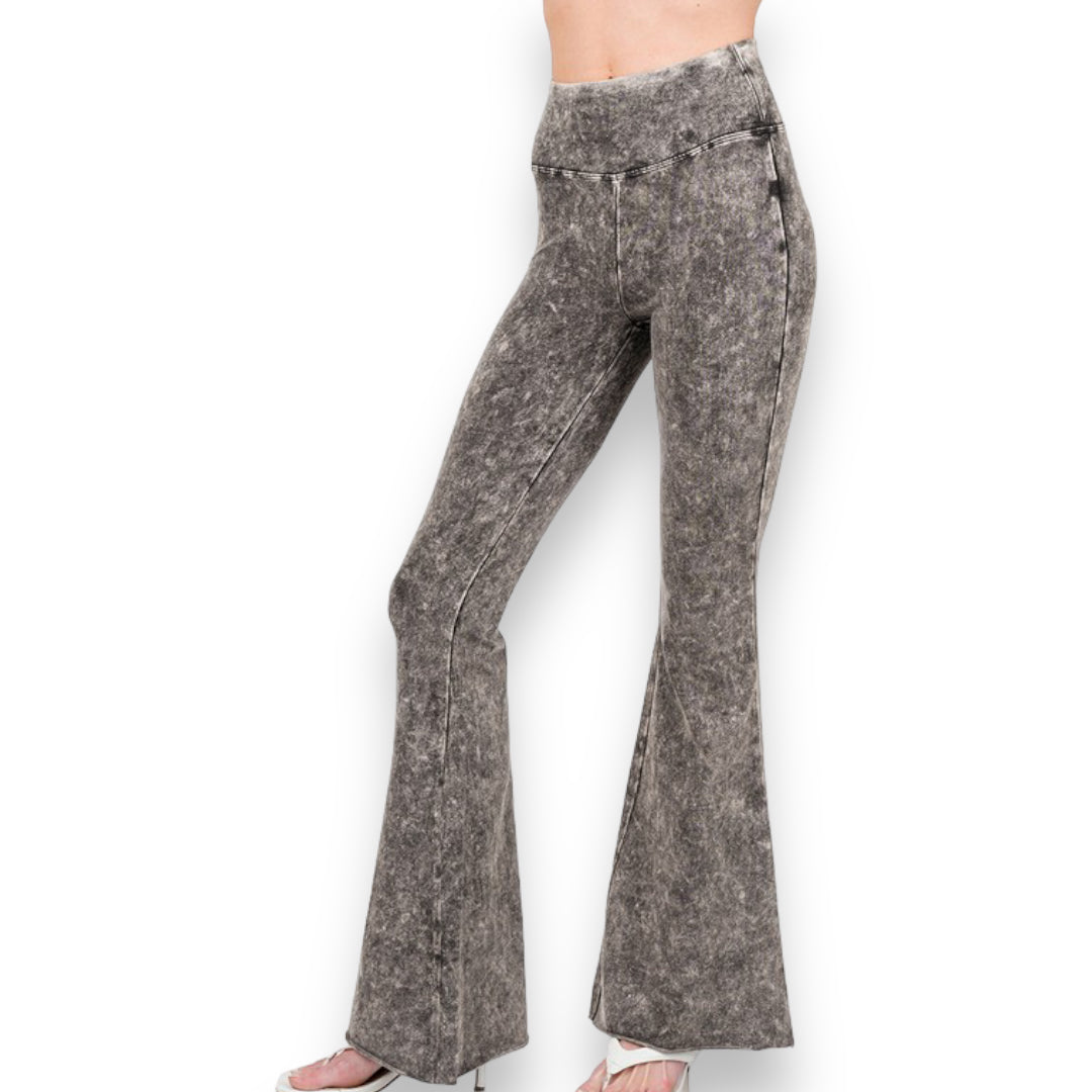 Zenana Acid Wash High Waisted Flare Pants (S-XL)