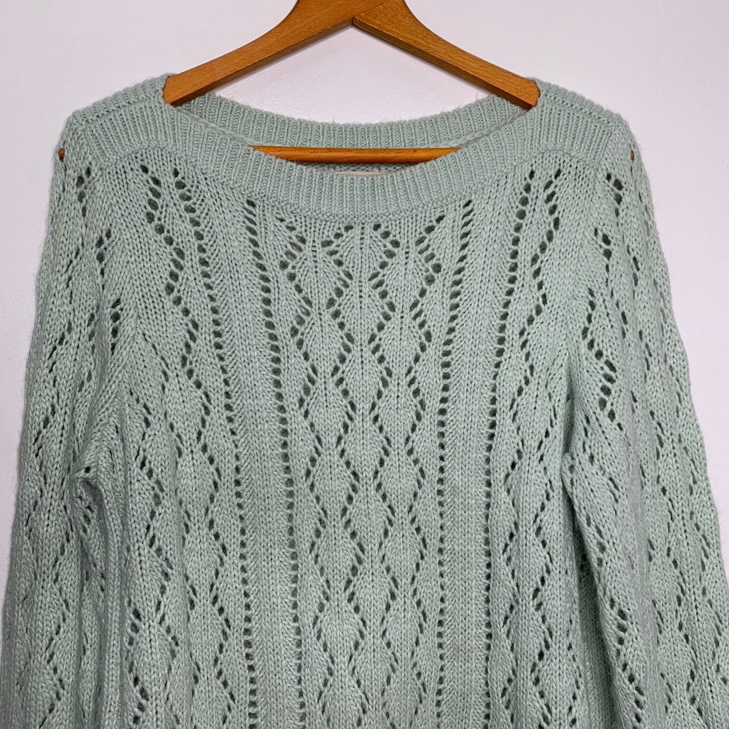 LOFT pastel green crochet knit scalloped sweater SZ XL