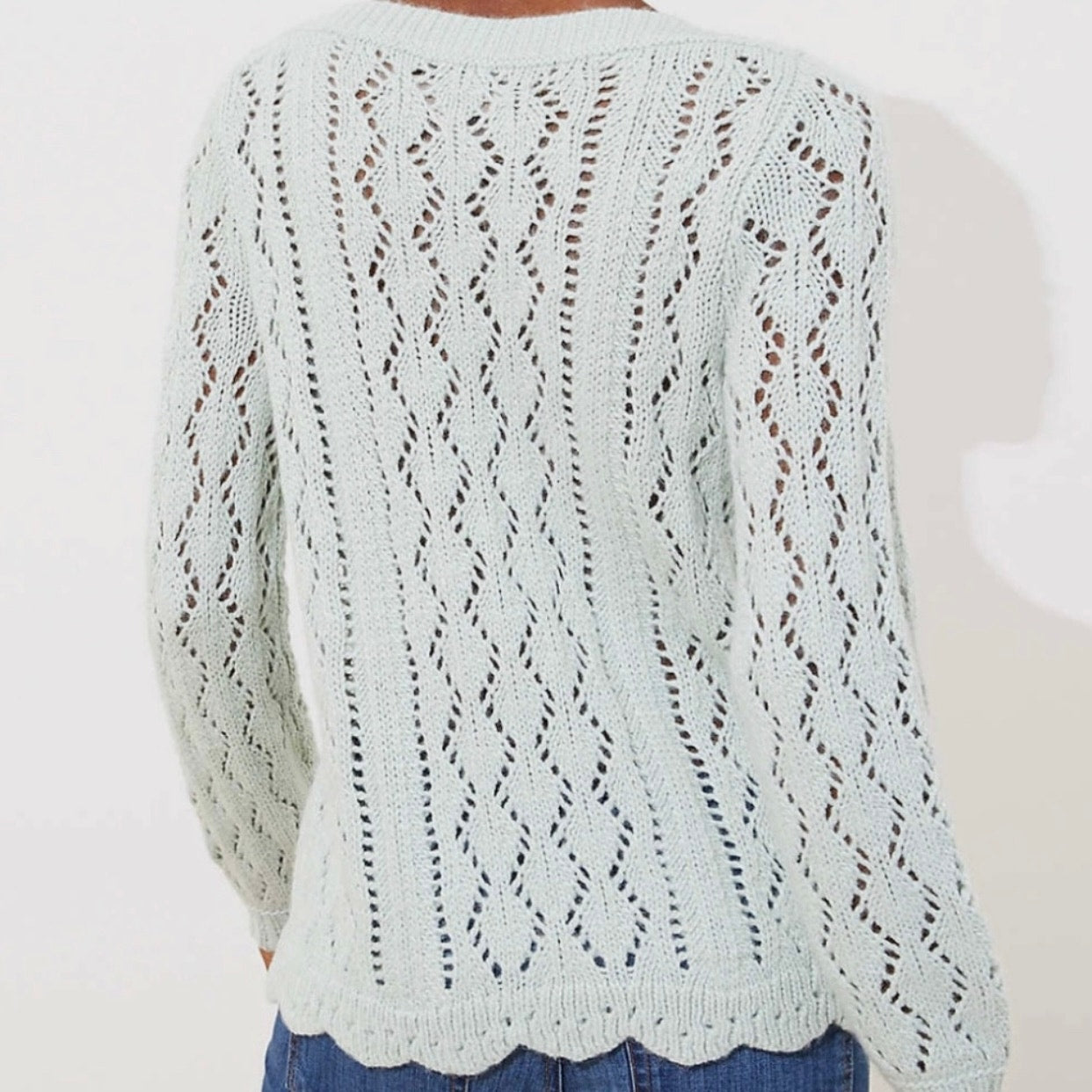 LOFT pastel green crochet knit scalloped sweater SZ XL