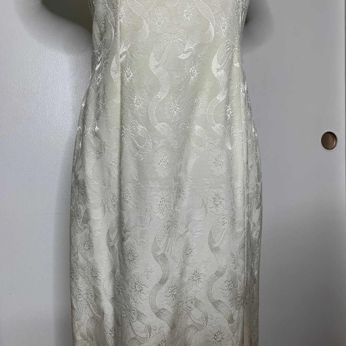 Vintage 90s off white lace trim jacquard fabric full length dress SZ M