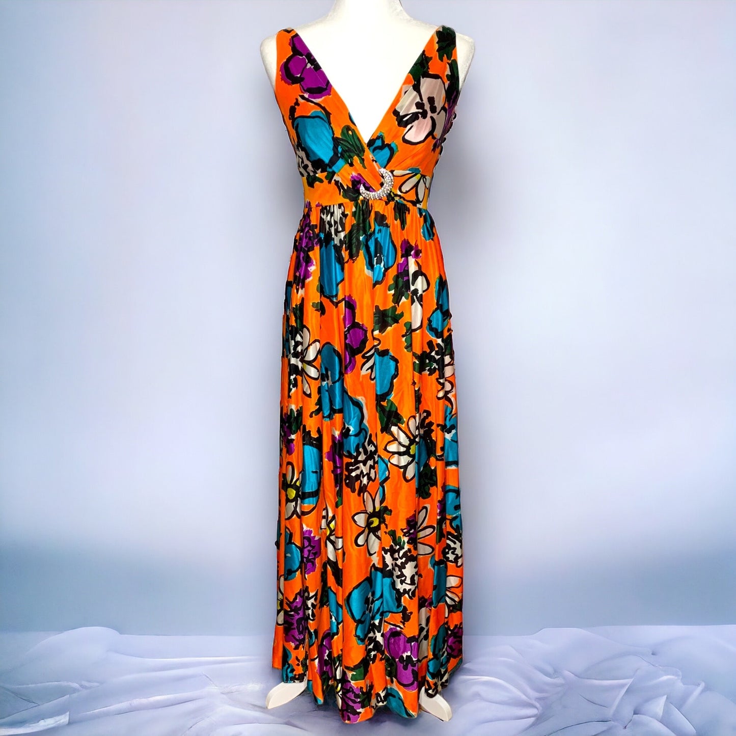 Vintage 60s Fred Perlberg hand screen printed floral maxi dress SZ S