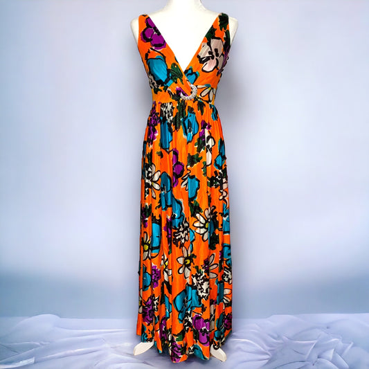 Vintage 60s Fred Perlberg hand screen printed floral maxi dress SZ S