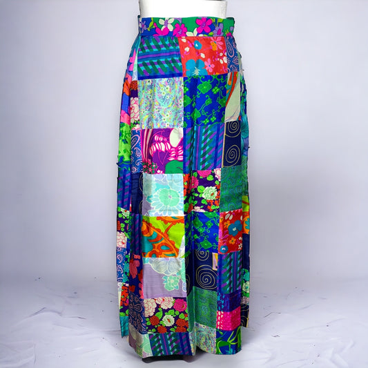 Vintage 60s 70s bohemian silk patchwork wrap style maxi skirt SZ 6