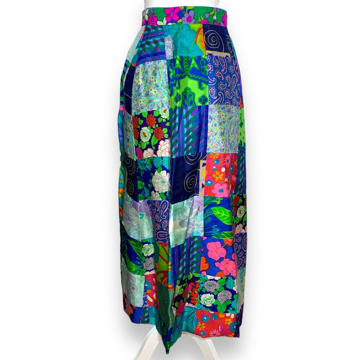 Vintage 60s 70s bohemian silk patchwork wrap style maxi skirt SZ 6