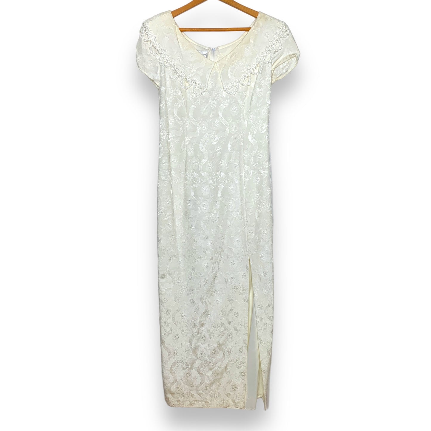 Vintage 90s off white lace trim jacquard fabric full length dress SZ M