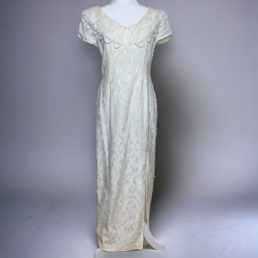 Vintage 90s off white lace trim jacquard fabric full length dress SZ M