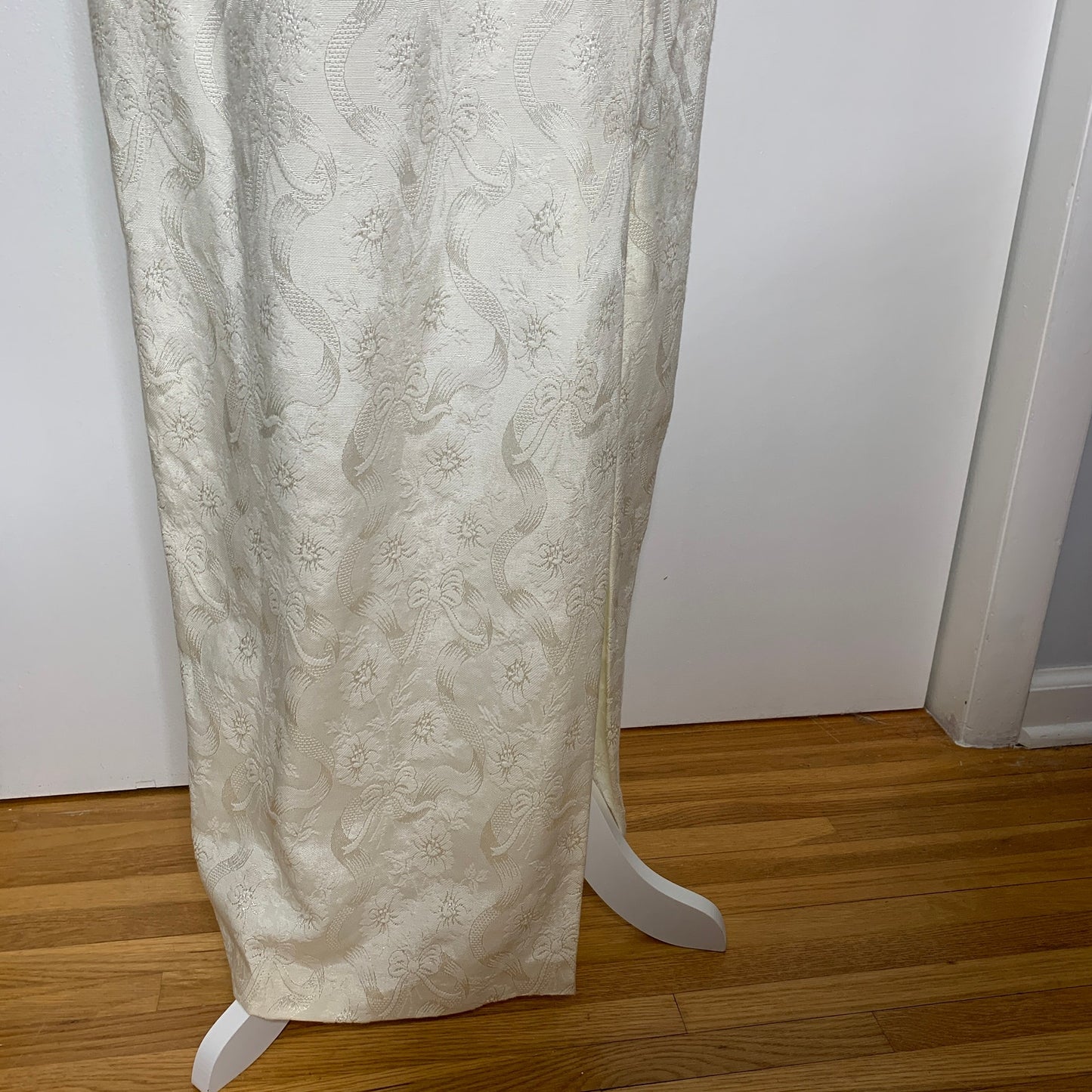 Vintage 90s off white lace trim jacquard fabric full length dress SZ M