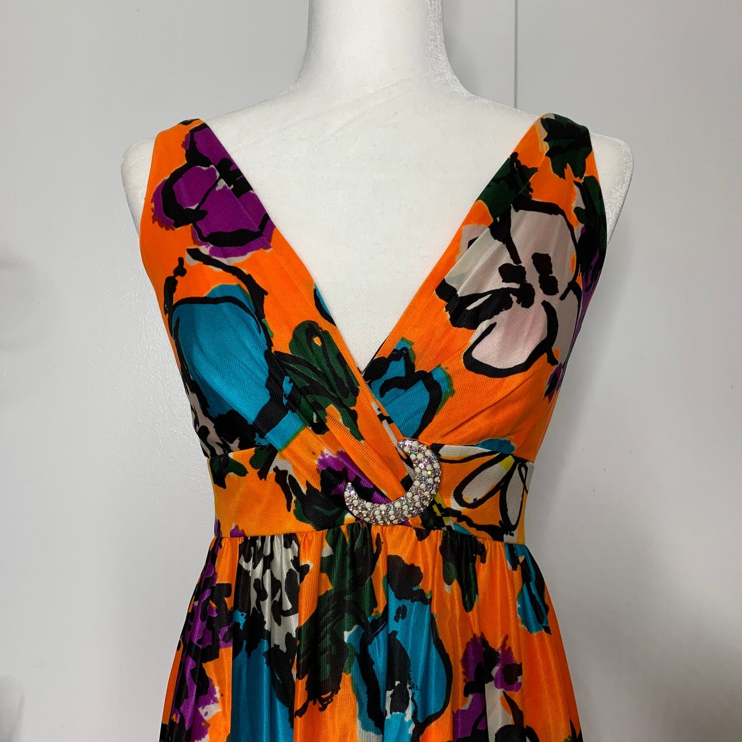 Vintage 60s Fred Perlberg hand screen printed floral maxi dress SZ S