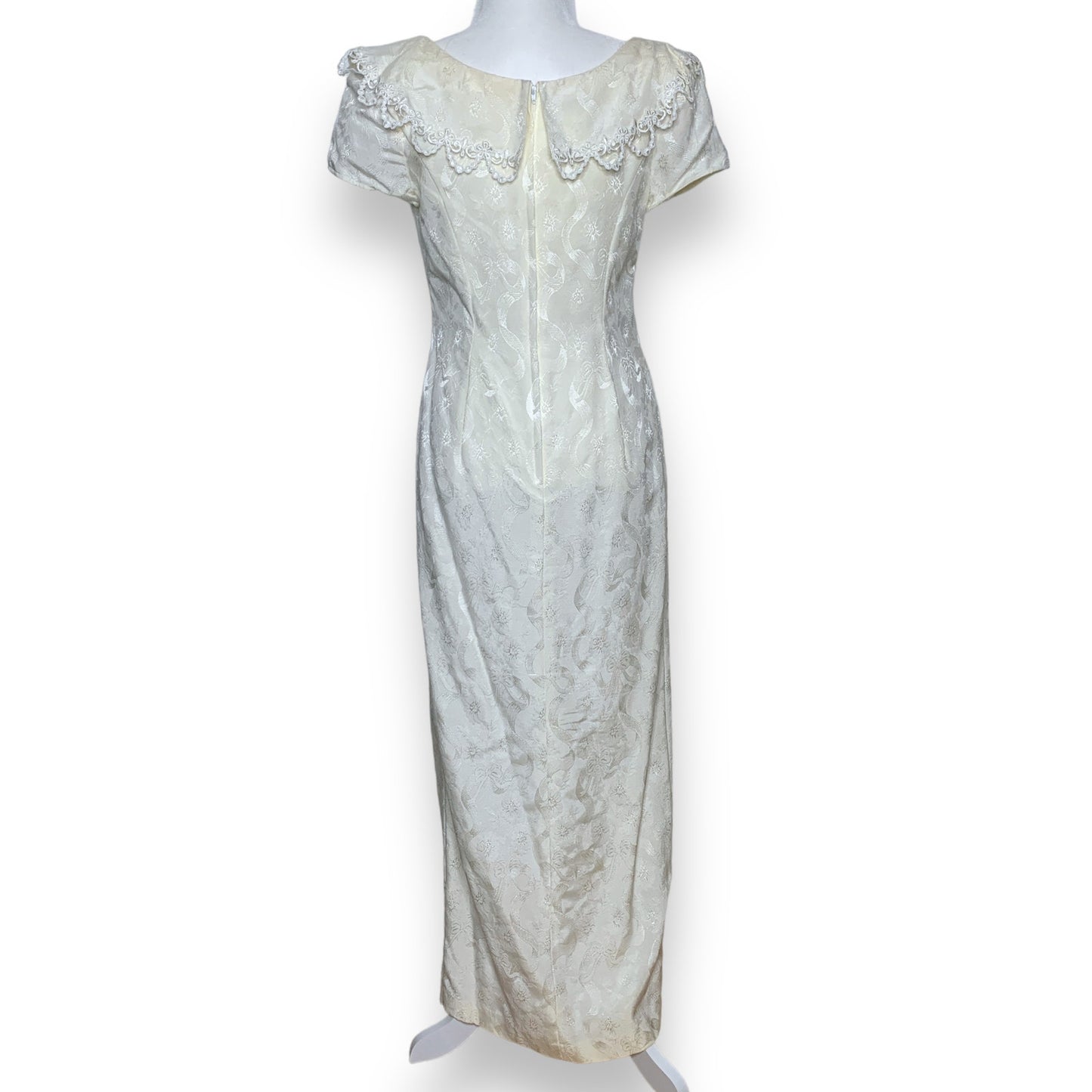 Vintage 90s off white lace trim jacquard fabric full length dress SZ M