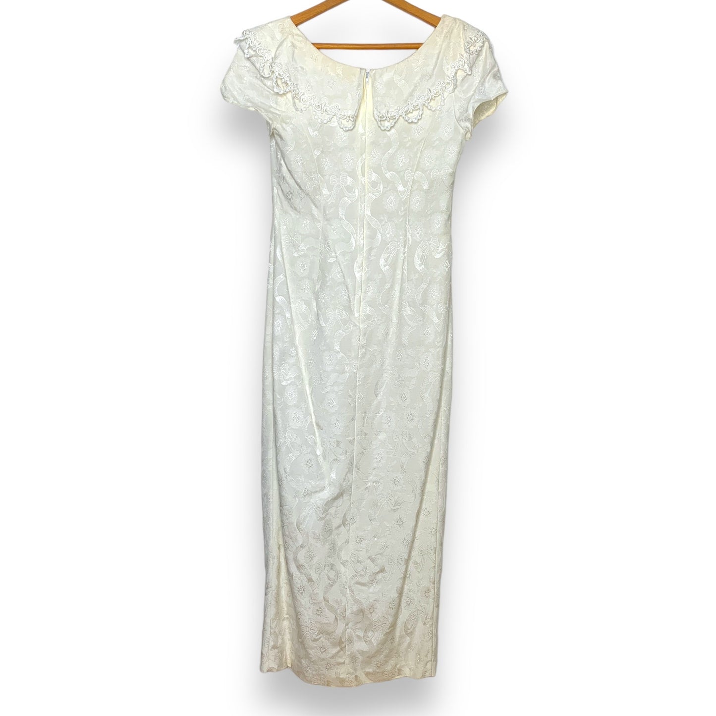 Vintage 90s off white lace trim jacquard fabric full length dress SZ M