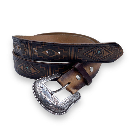 Vintage men's brown embossed western silver buckle real 100% leather belt SZ XL