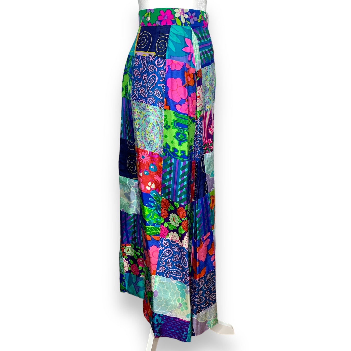 Vintage 60s 70s bohemian silk patchwork wrap style maxi skirt SZ 6