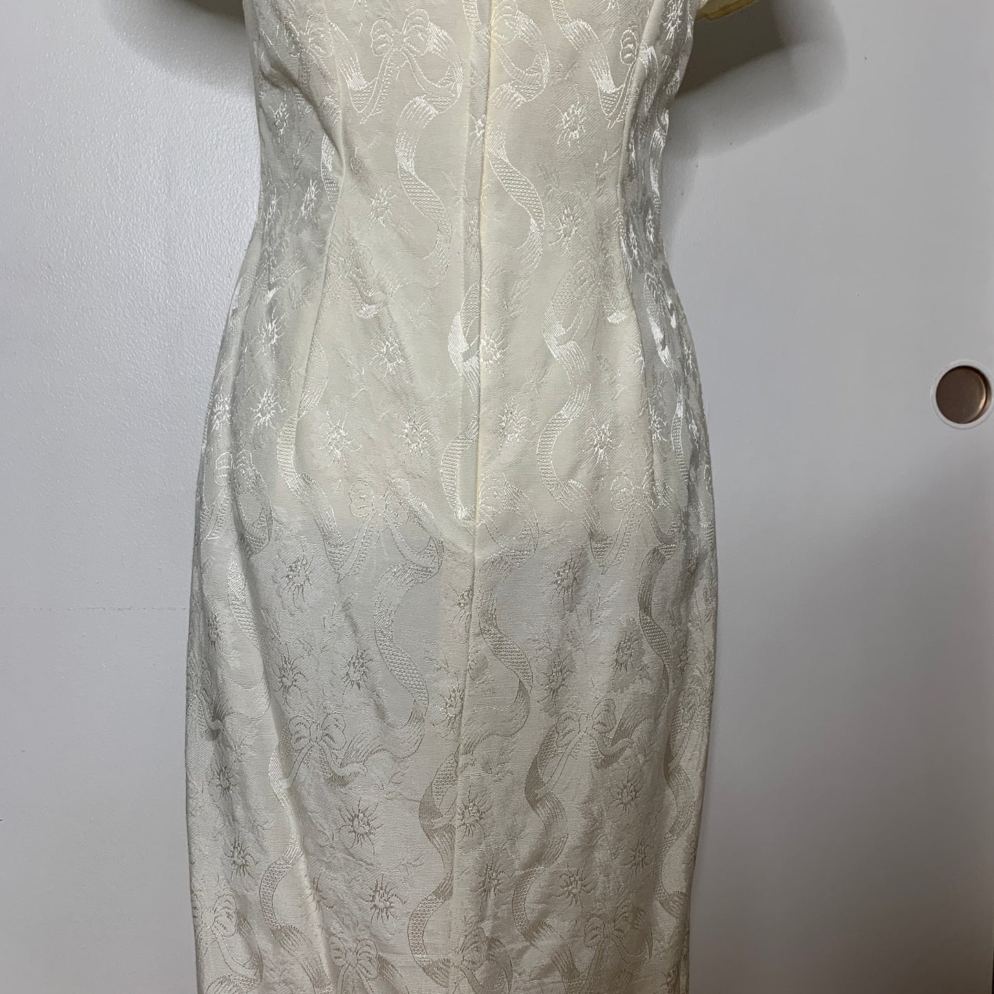 Vintage 90s off white lace trim jacquard fabric full length dress SZ M
