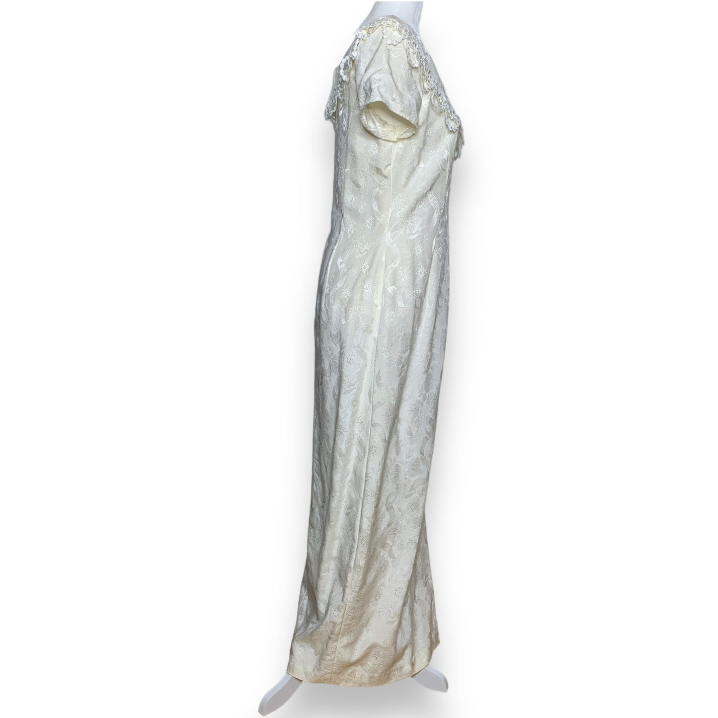 Vintage 90s off white lace trim jacquard fabric full length dress SZ M