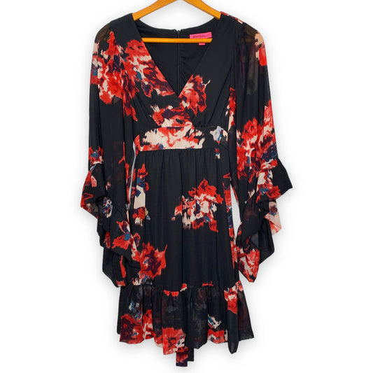 Betsey Johnson Bambi black floral print flare sleeve ruffle dress SZ 6