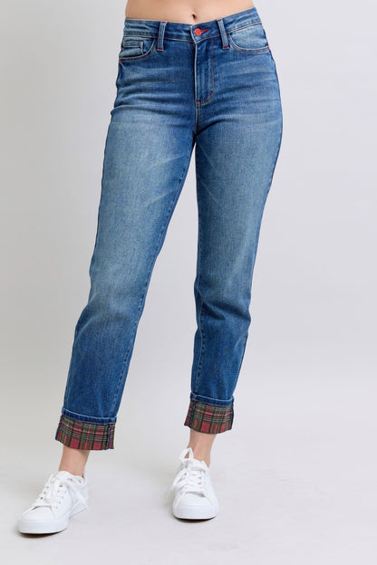 Daydream Believer Plaid Cuffed Straight Leg Jeans (0-24W)