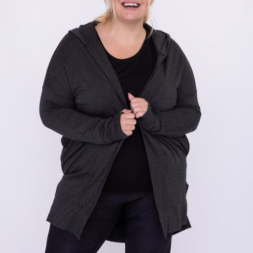 Curvy Longline Hooded Cardigan with Pockets (1X-3X)