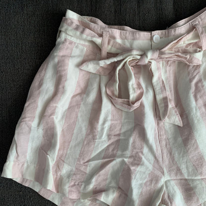 Katy pink striped belted linen blend shorts SZ M