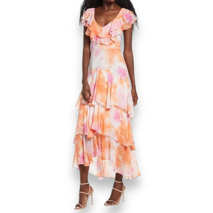 WAYF Chelsea tie dye ruffle trim tiered chiffon maxi dress SZ XL