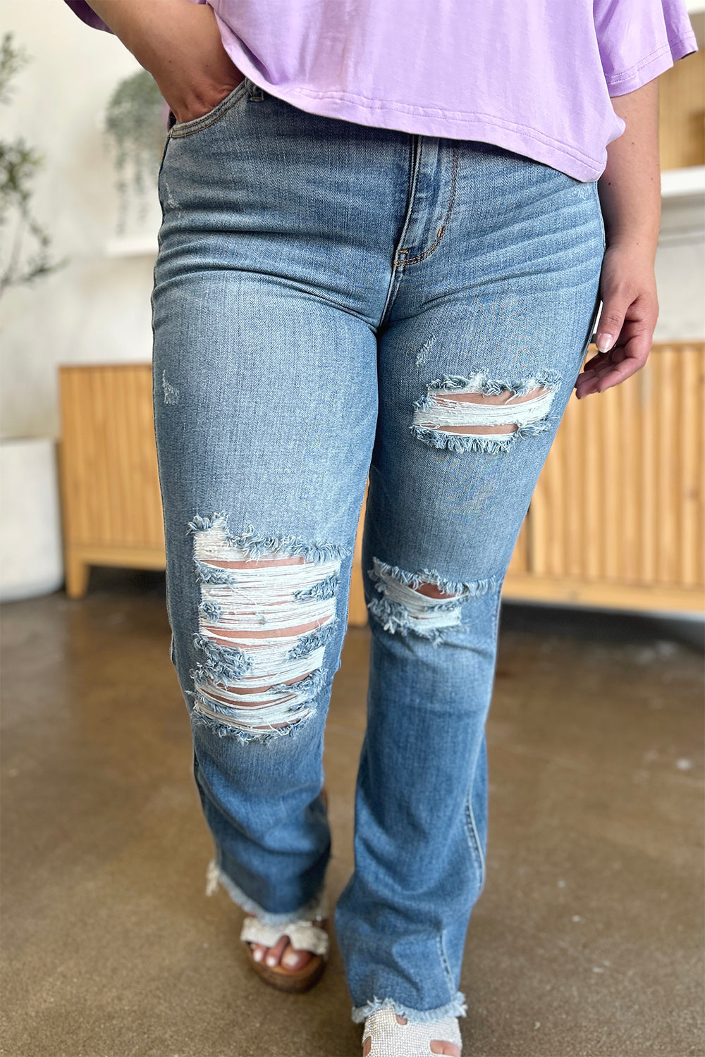 Boy Is Mine Distressed Bootcut Jeans (0-24W)