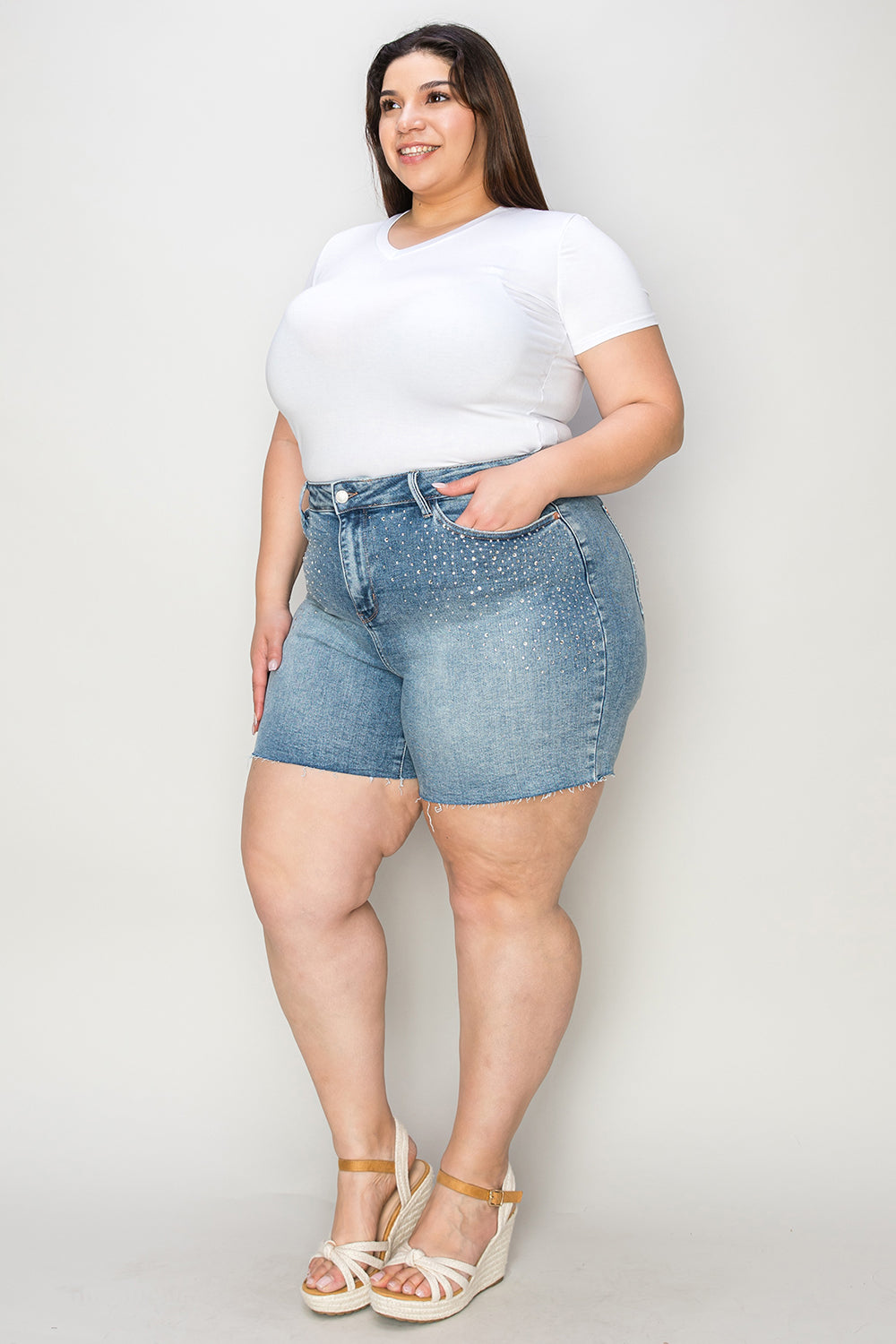 Shrink the World Raw Hem Denim Shorts (S-3X)