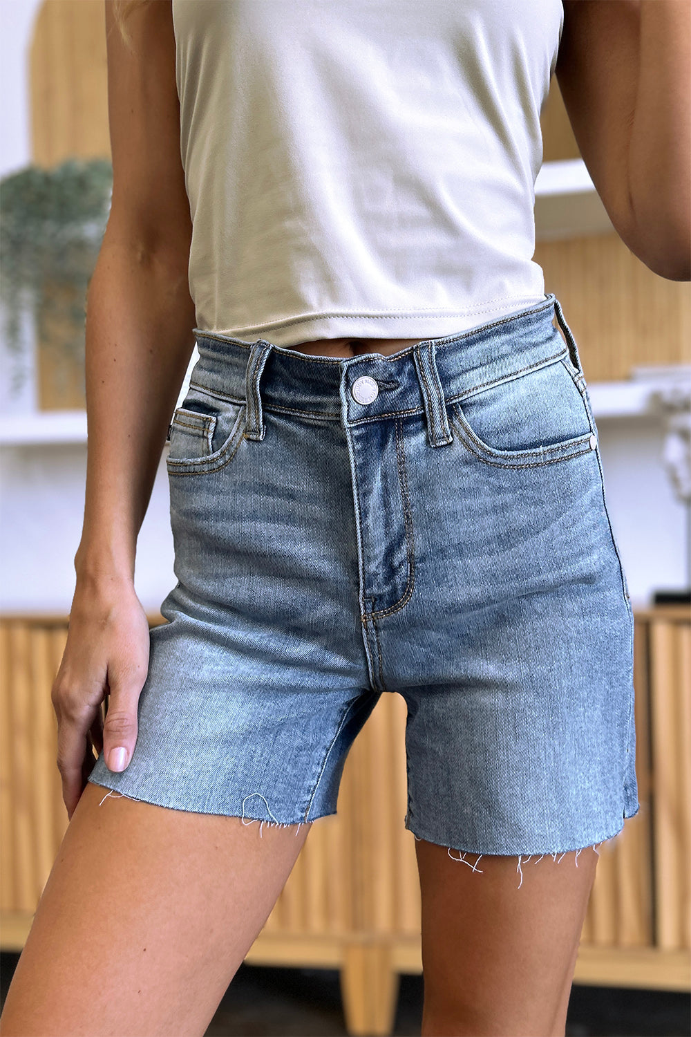 Shrink the World Raw Hem Denim Shorts (S-3X)