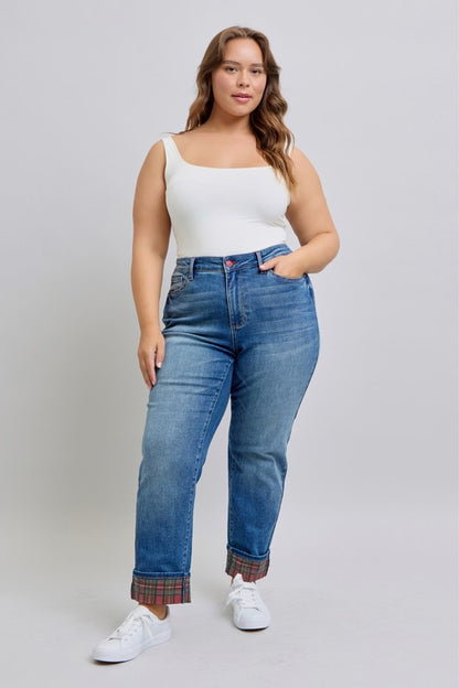 Judy Blue Daydream Believer Plaid Cuffed Boyfriend Jeans (0-24W)