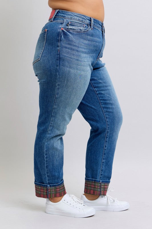 Judy Blue Daydream Believer Plaid Cuffed Boyfriend Jeans (0-24W)