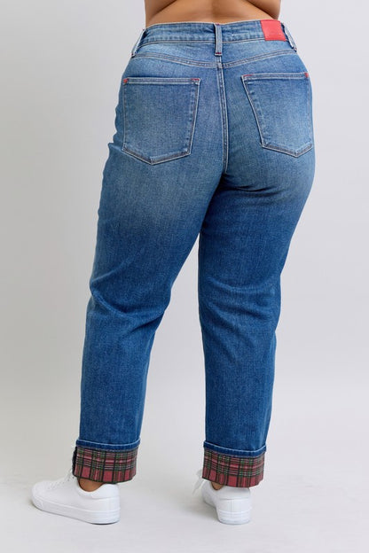 Judy Blue Daydream Believer Plaid Cuffed Boyfriend Jeans (0-24W)