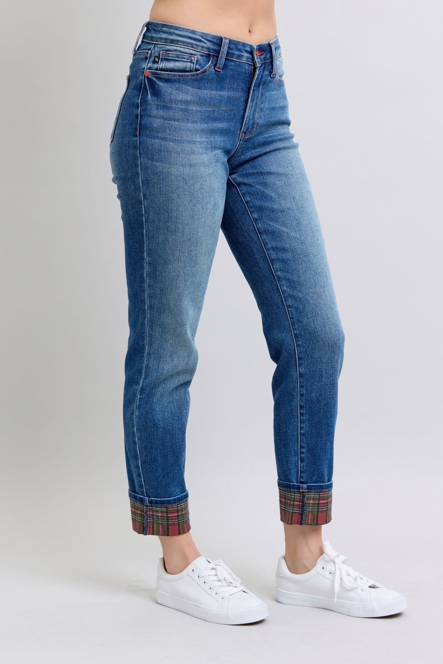 Daydream Believer Plaid Cuffed Straight Leg Jeans (0-24W)