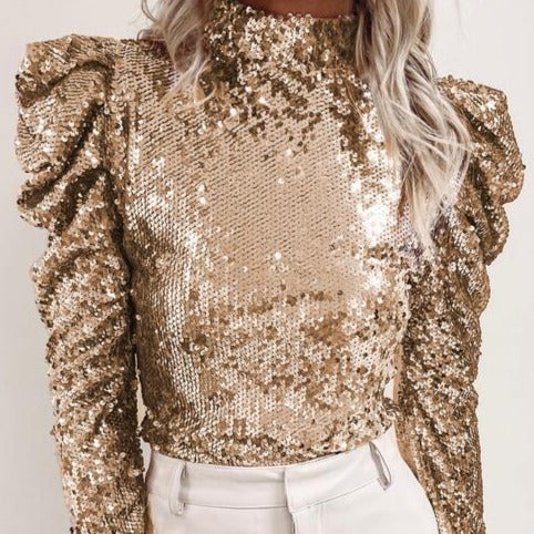 Make the Whole Place Shimmer Mutton Sleeve Sequin Top (S-2X)