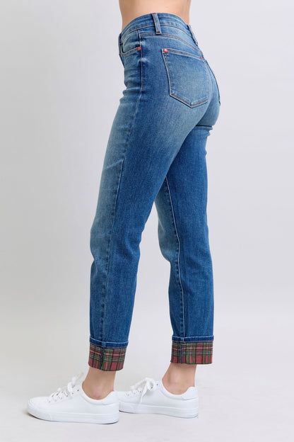 Daydream Believer Plaid Cuffed Straight Leg Jeans (0-24W)