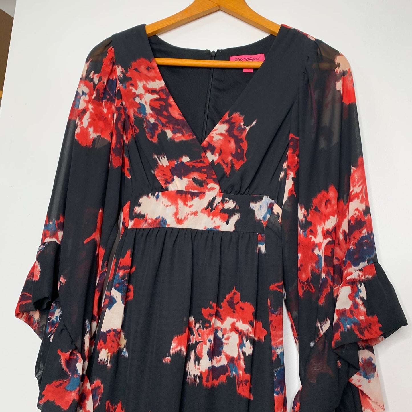 Black floral print flare sleeve ruffled dress SZ 6