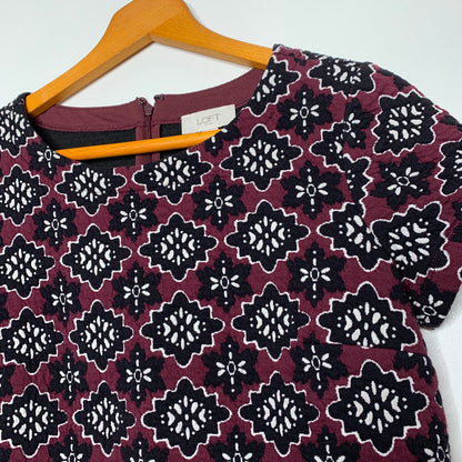 Loft maroon geometric floral pattern quilted jacquard mini dress SZ S