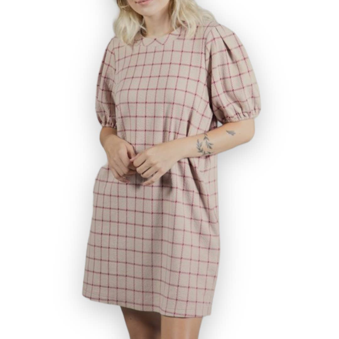 Plaid puff sleeve sheath dress SZ L