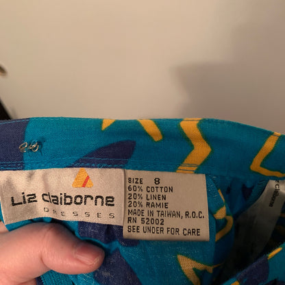 Vintage 80s Liz Claiborne women's tropical blue floral pattern midi skirt SZ S