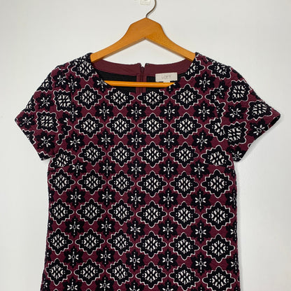 Loft maroon geometric floral pattern quilted jacquard mini dress SZ S