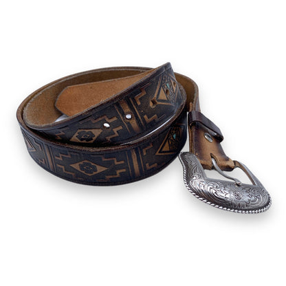 Vintage men's brown embossed western silver buckle real 100% leather belt SZ XL