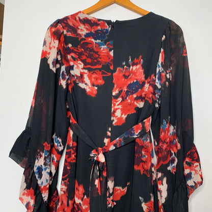 Black floral print flare sleeve ruffled dress SZ 6