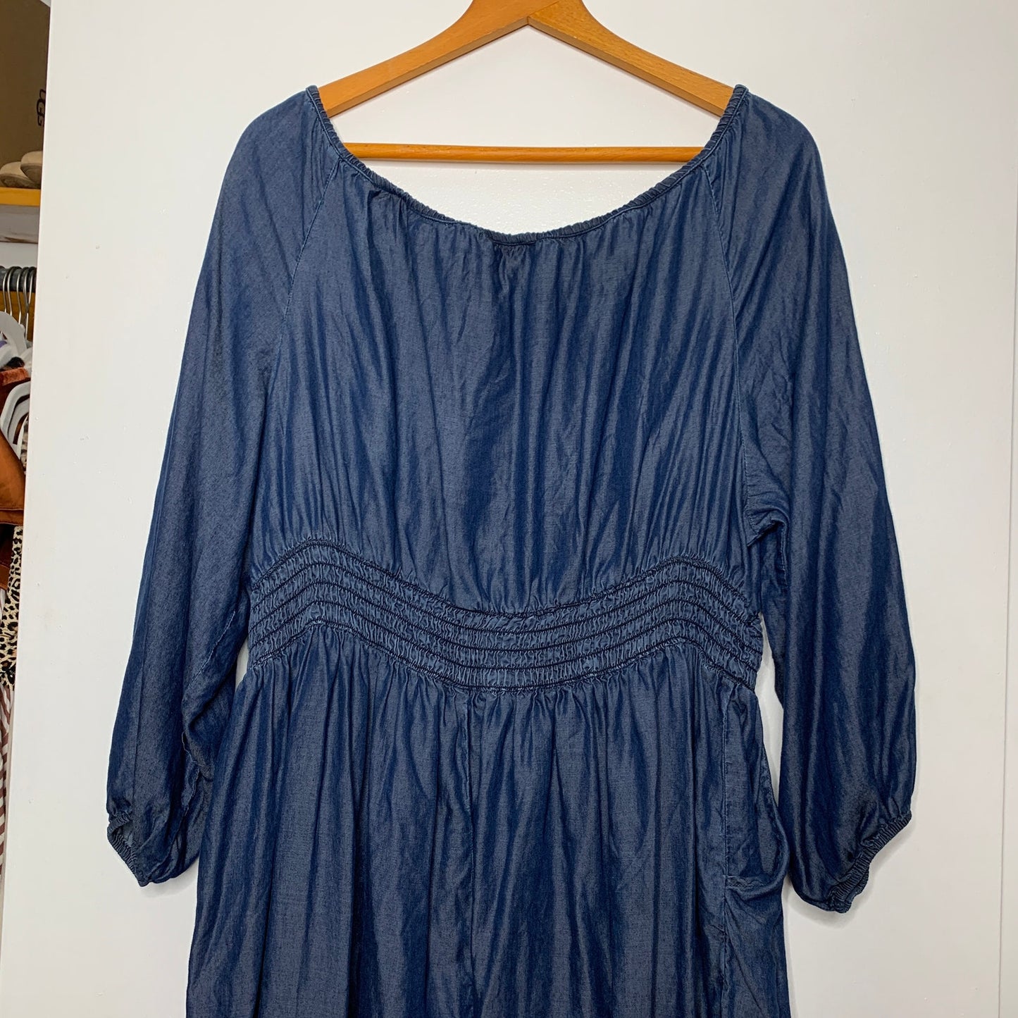 Blue chambray long sleeve bardot dress SZ 14/16