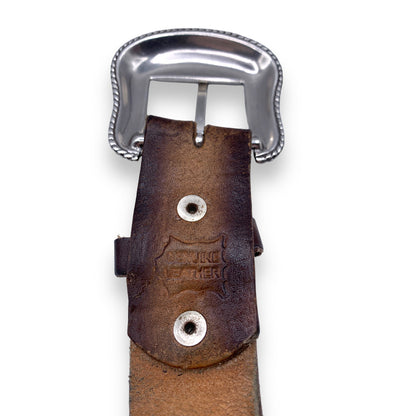 Vintage men's brown embossed western silver buckle real 100% leather belt SZ XL